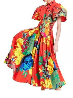 Christopher John Rogers  Red Floral Puff Sleeve Maxi Dress.